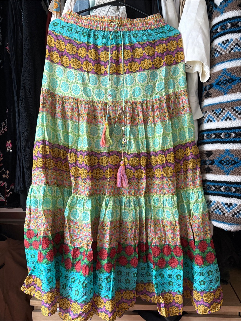 ZARA Bohemian Tiered Maxi Skirt in Turquoise & Pink